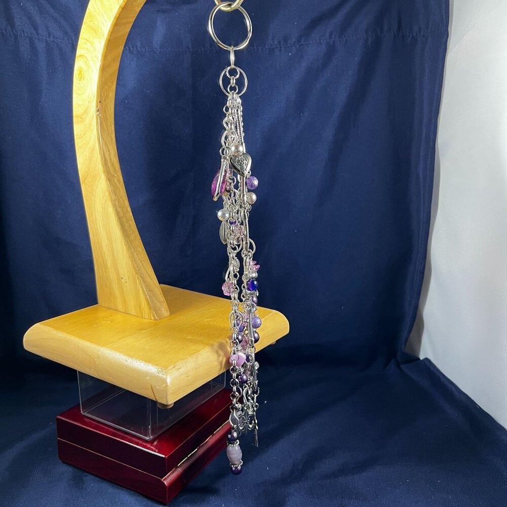 Artisan Silver & Purple Beaded Bag Charm Keychain With Multi-Layer Chain Design